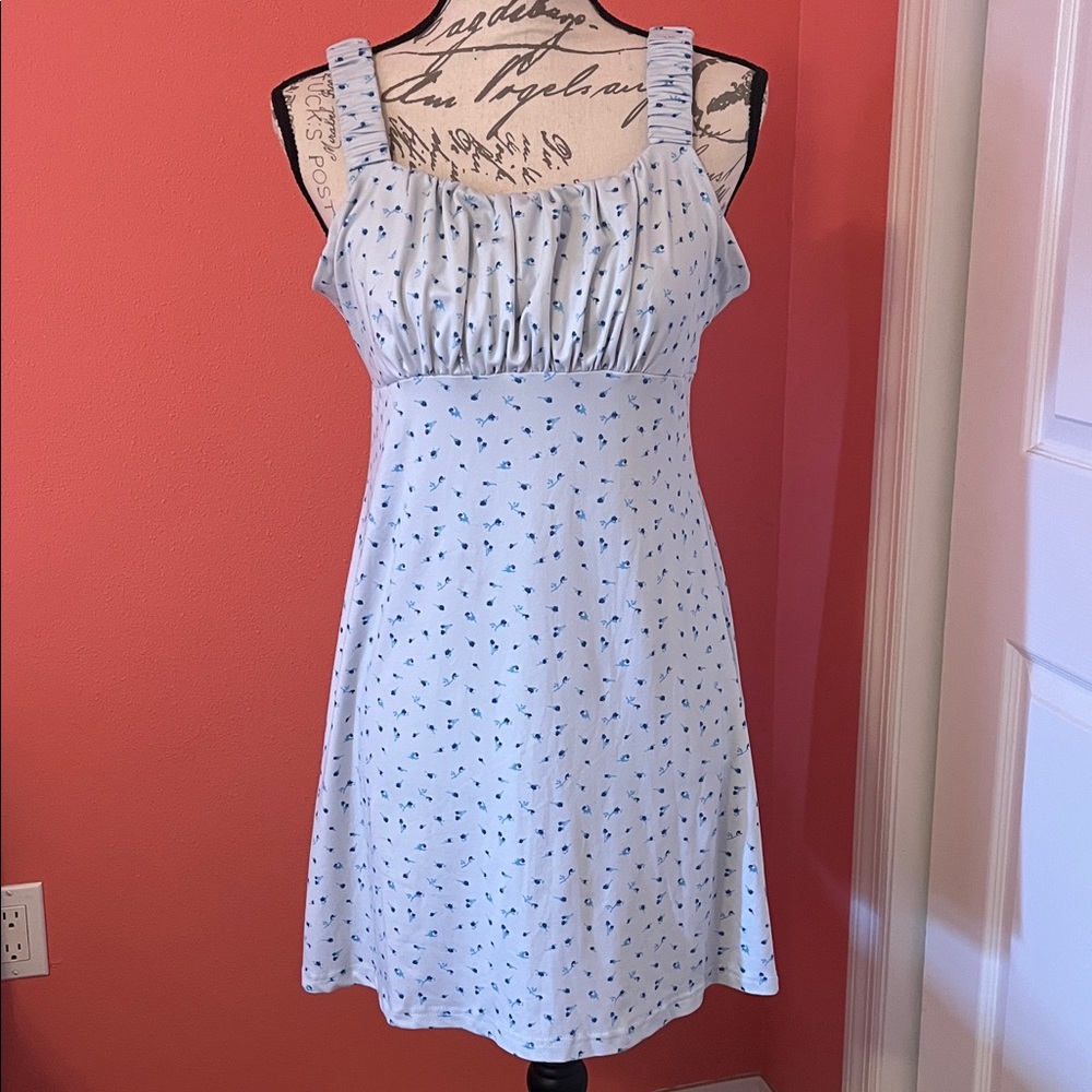 Light Blue Sleeveless Dress with Tiny rose bud Pattern